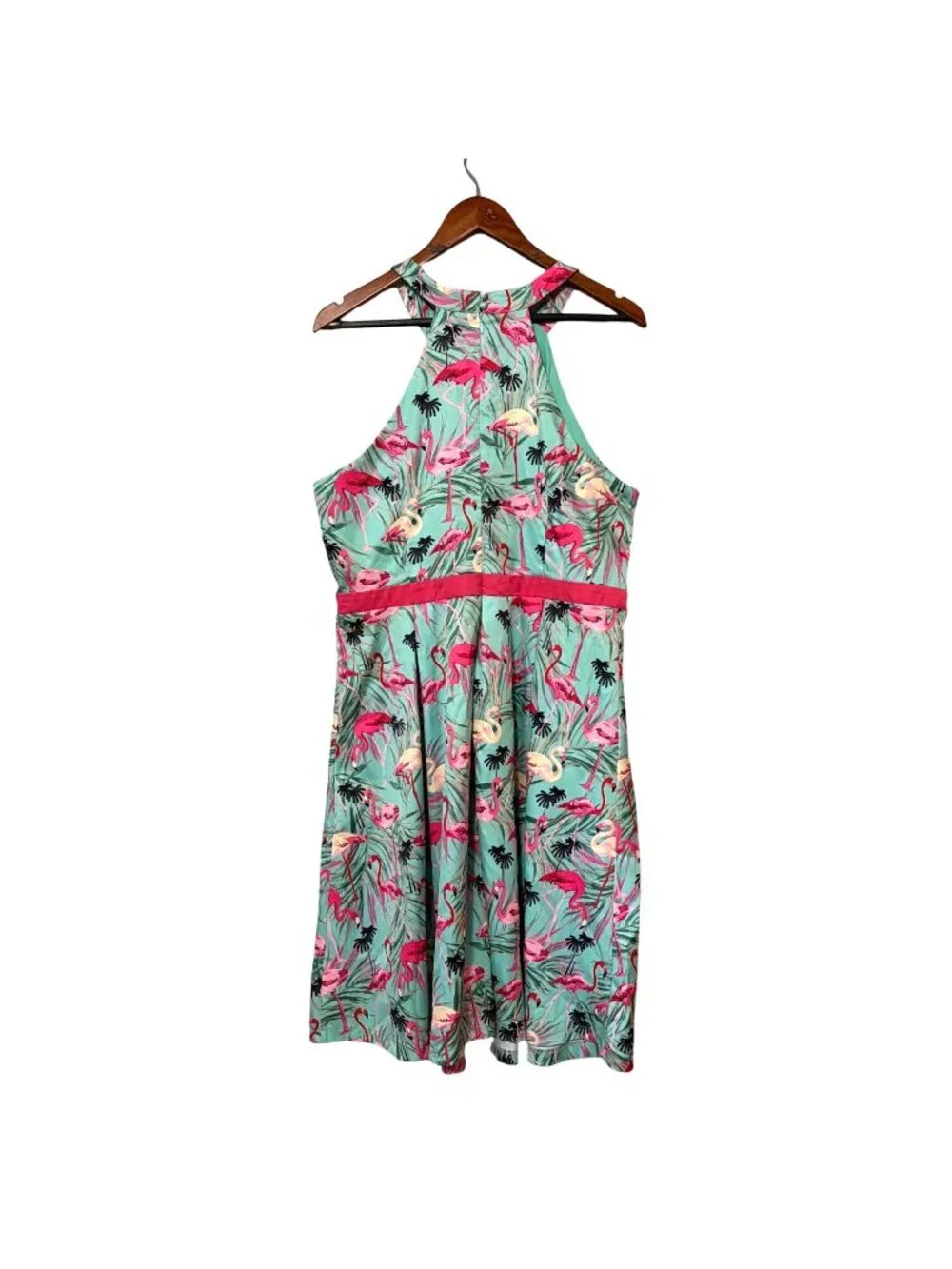Retro Lindy Bop Teal Flamingo Halter Neck Dress Pink Rockabilly 50’s UK 20 US 16 - Picture 2 of 9